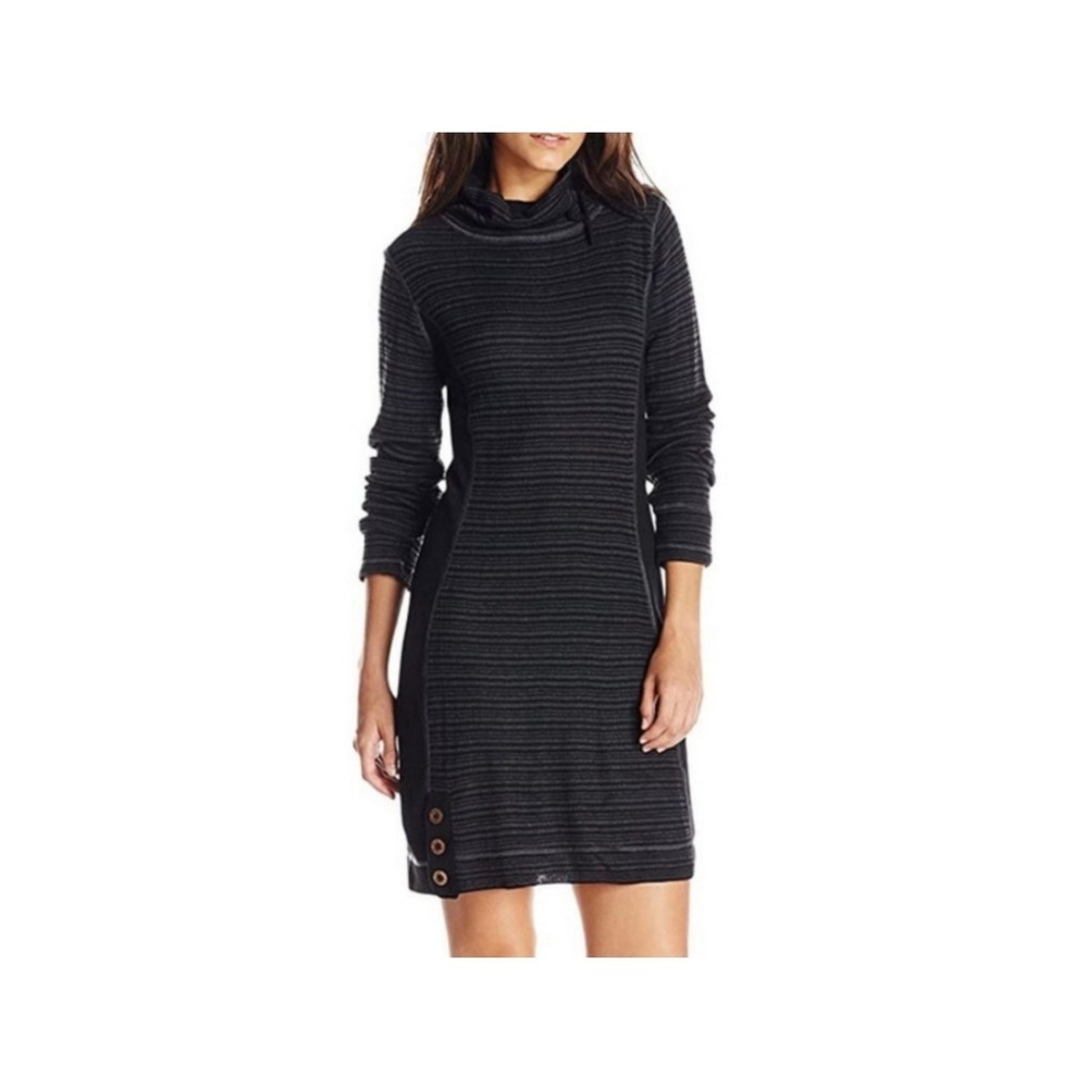 Prana Kelland Cowl Neck Wool Blend Sweater Dress Black Gray Stripe Size L‎ Cozy